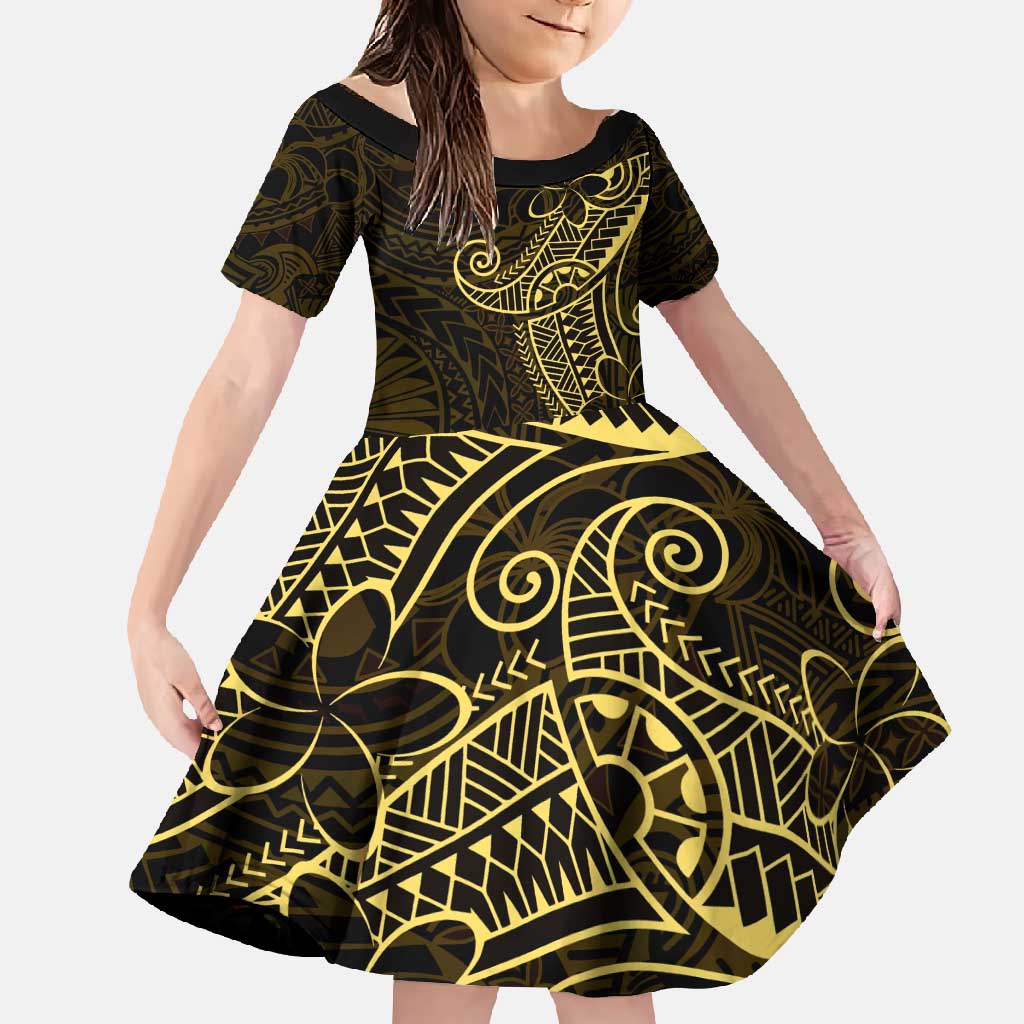 Black Gold Polynesian Tribal Family Matching Off Shoulder Maxi Dress and Hawaiian Shirt LT9 Daughter's Dress Gold - Polynesian Pride