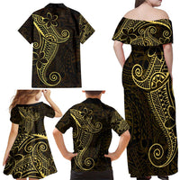 Black Gold Polynesian Tribal Family Matching Off Shoulder Maxi Dress and Hawaiian Shirt LT9 - Polynesian Pride
