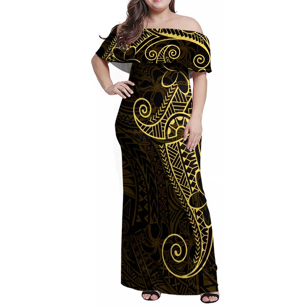 Black Gold Polynesian Tribal Family Matching Off Shoulder Maxi Dress and Hawaiian Shirt LT9 Mom's Dress Gold - Polynesian Pride