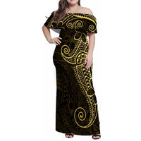 Black Gold Polynesian Tribal Family Matching Off Shoulder Maxi Dress and Hawaiian Shirt LT9 Mom's Dress Gold - Polynesian Pride