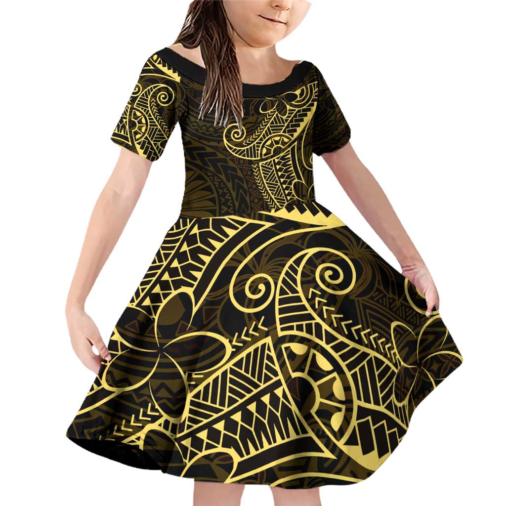 Black Gold Polynesian Tribal Family Matching Off Shoulder Short Dress and Hawaiian Shirt LT9 Daughter's Dress Gold - Polynesian Pride