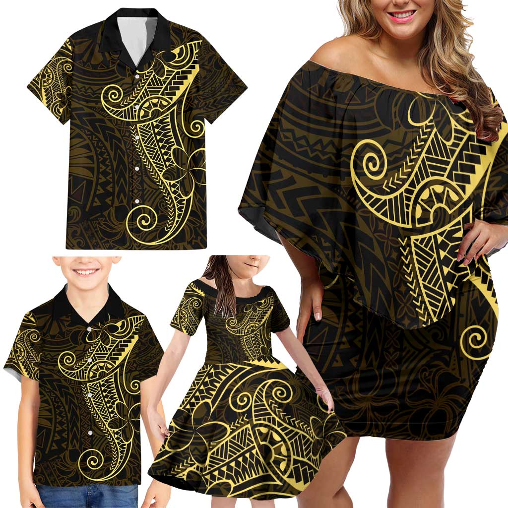 Black Gold Polynesian Tribal Family Matching Off Shoulder Short Dress and Hawaiian Shirt LT9 - Polynesian Pride