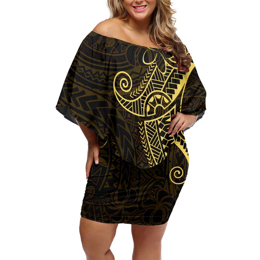 Black Gold Polynesian Tribal Family Matching Off Shoulder Short Dress and Hawaiian Shirt LT9 Mom's Dress Gold - Polynesian Pride
