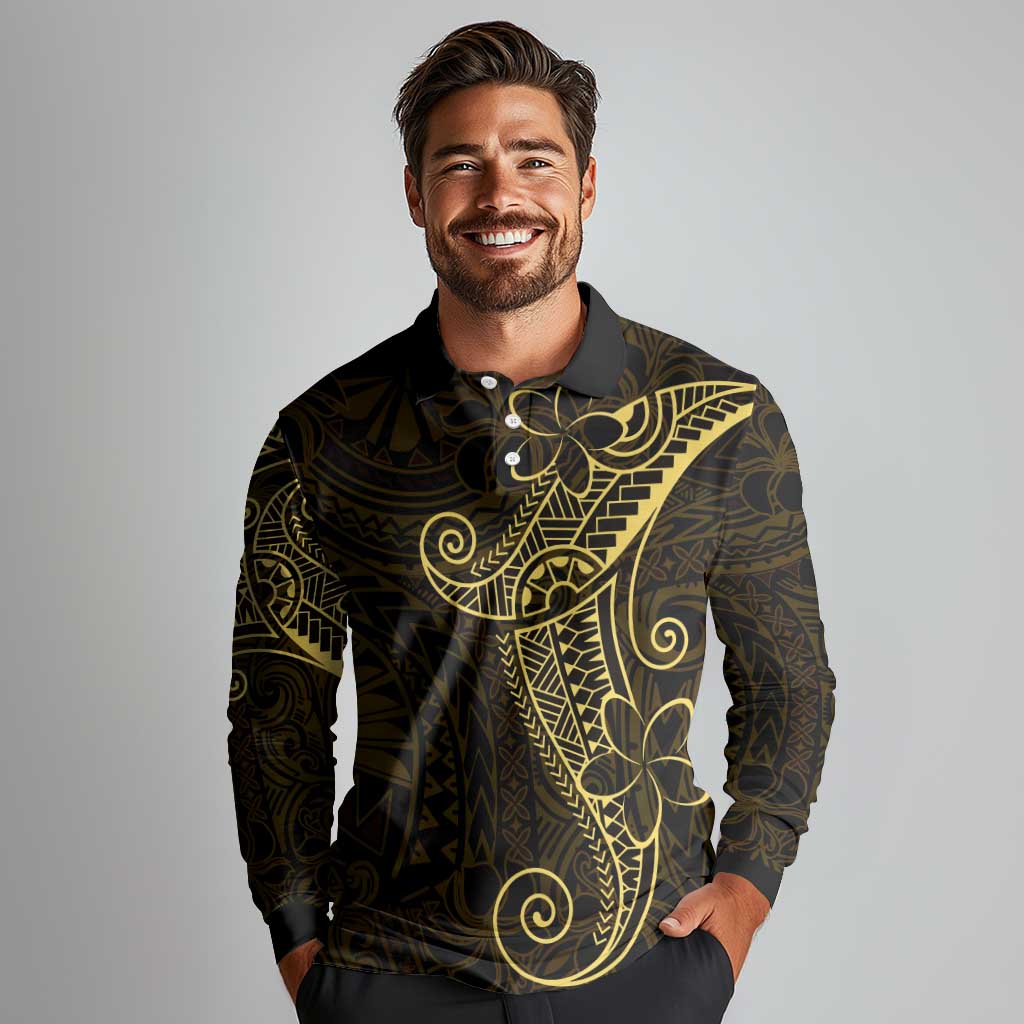 Black Gold Polynesian Tribal Long Sleeve Polo Shirt - Polynesian Pride