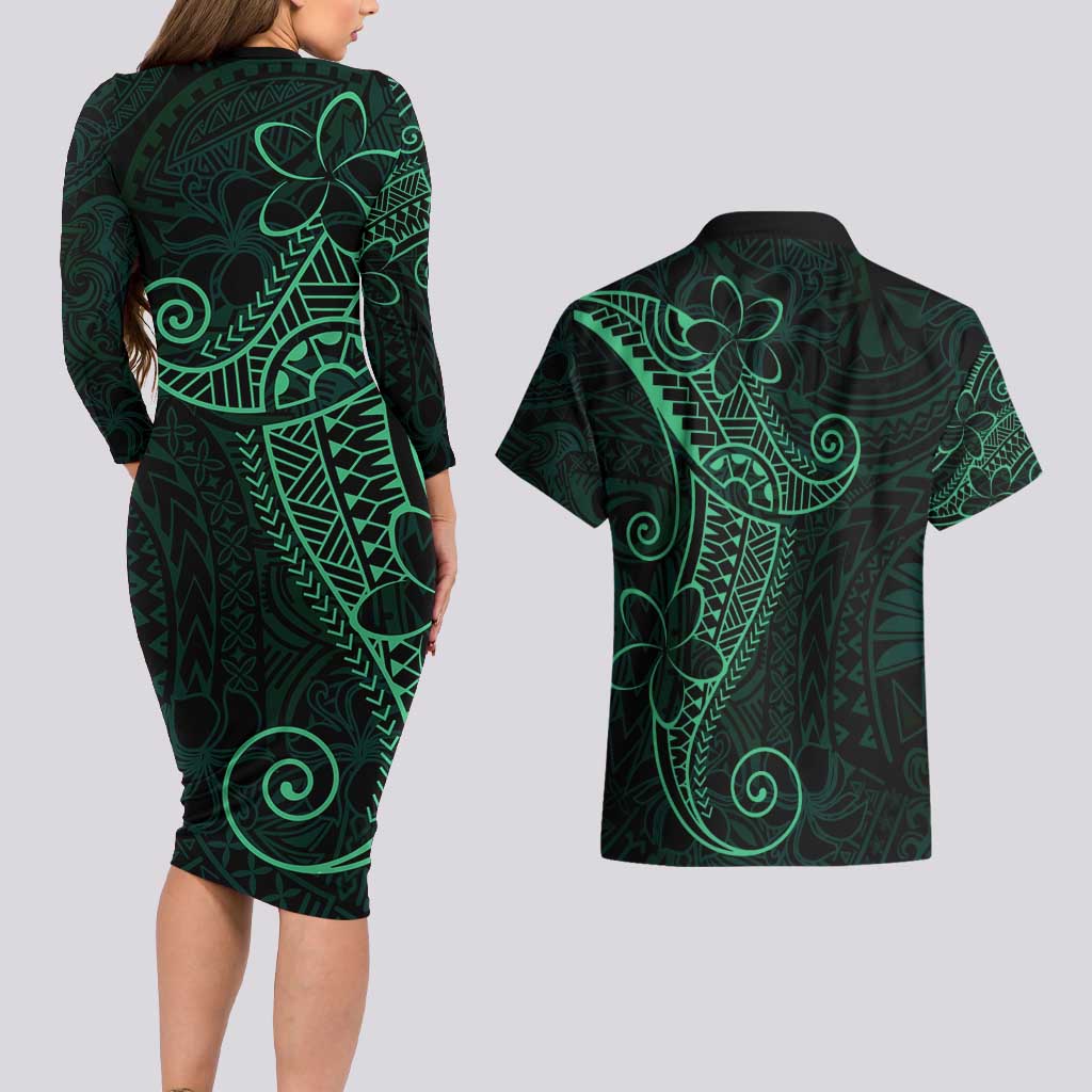 Black Green Polynesian Tribal Couples Matching Long Sleeve Bodycon Dress and Hawaiian Shirt LT9 - Polynesian Pride
