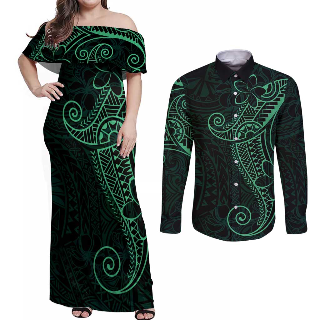 Black Green Polynesian Tribal Couples Matching Off Shoulder Maxi Dress and Long Sleeve Button Shirt LT9 Green - Polynesian Pride