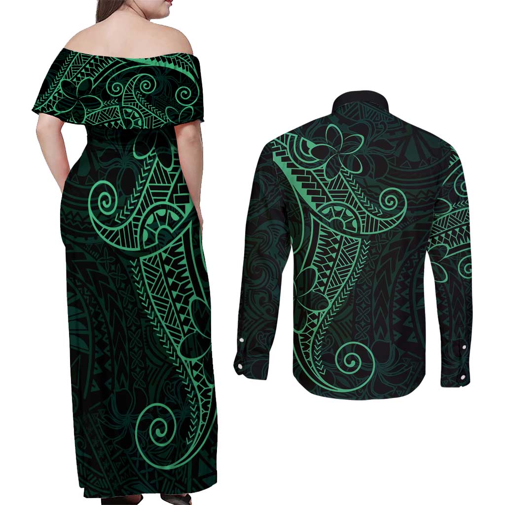 Black Green Polynesian Tribal Couples Matching Off Shoulder Maxi Dress and Long Sleeve Button Shirt - Polynesian Pride