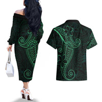 Black Green Polynesian Tribal Couples Matching Off The Shoulder Long Sleeve Dress and Hawaiian Shirt LT9 - Polynesian Pride