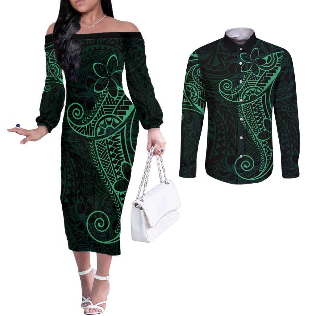 Black Green Polynesian Tribal Couples Matching Off The Shoulder Long Sleeve Dress and Long Sleeve Button Shirt LT9 Green - Polynesian Pride