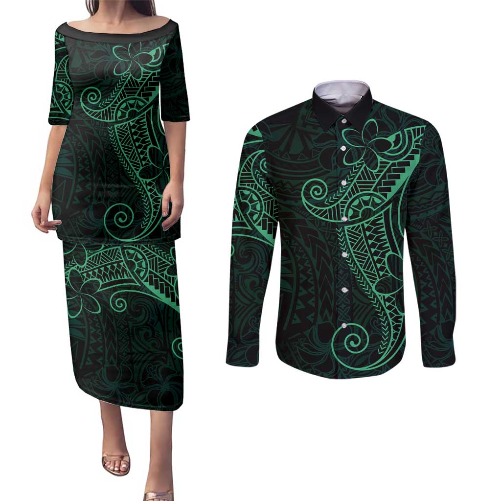 Black Green Polynesian Tribal Couples Matching Puletasi and Long Sleeve Button Shirt LT9 Green - Polynesian Pride