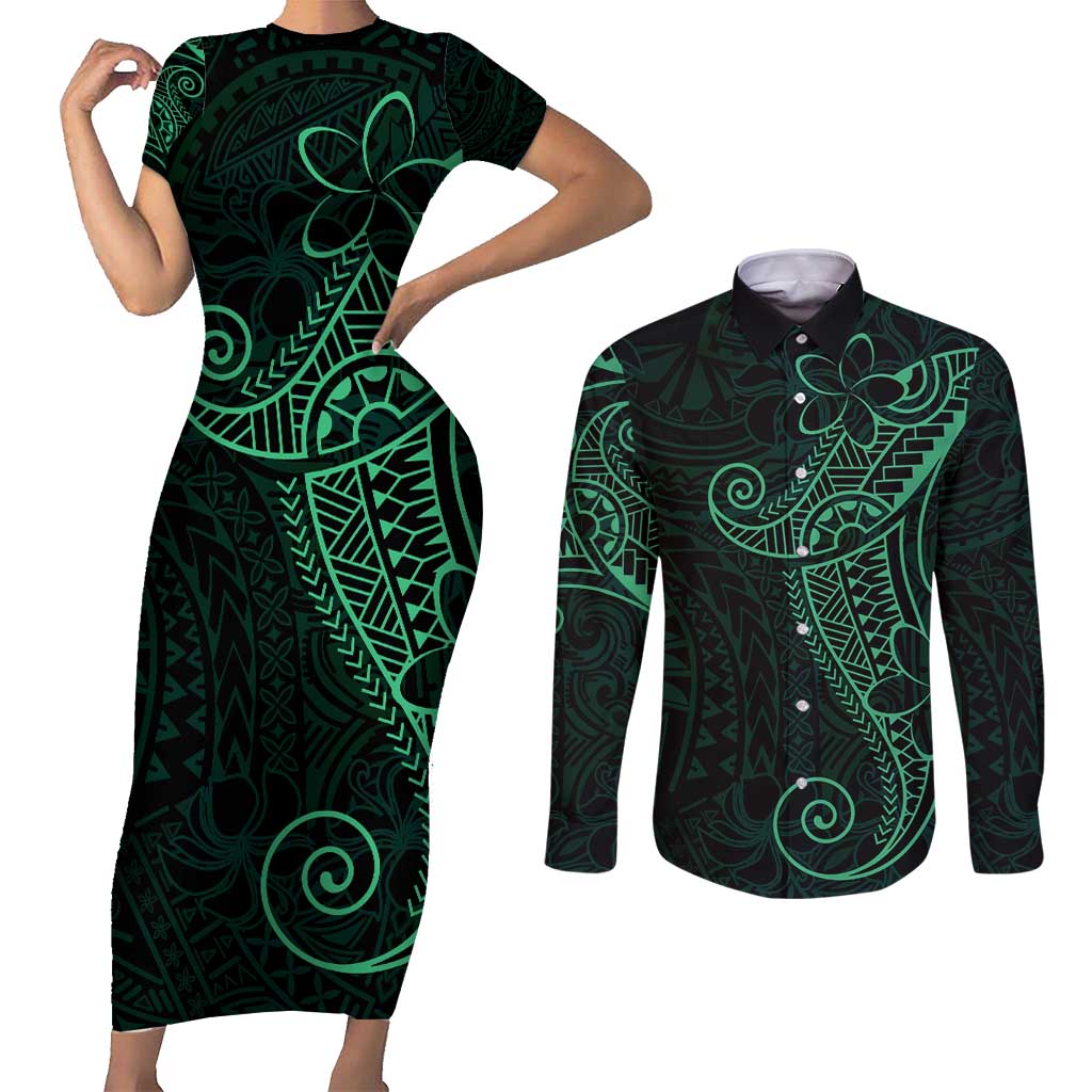 Black Green Polynesian Tribal Couples Matching Short Sleeve Bodycon Dress and Long Sleeve Button Shirt LT9 Green - Polynesian Pride