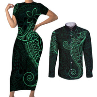 Black Green Polynesian Tribal Couples Matching Short Sleeve Bodycon Dress and Long Sleeve Button Shirt - Polynesian Pride