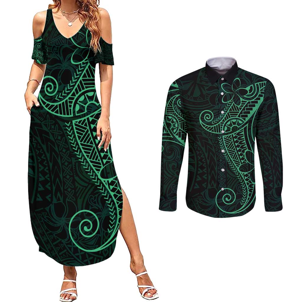 Black Green Polynesian Tribal Couples Matching Summer Maxi Dress and Long Sleeve Button Shirt LT9 Green - Polynesian Pride