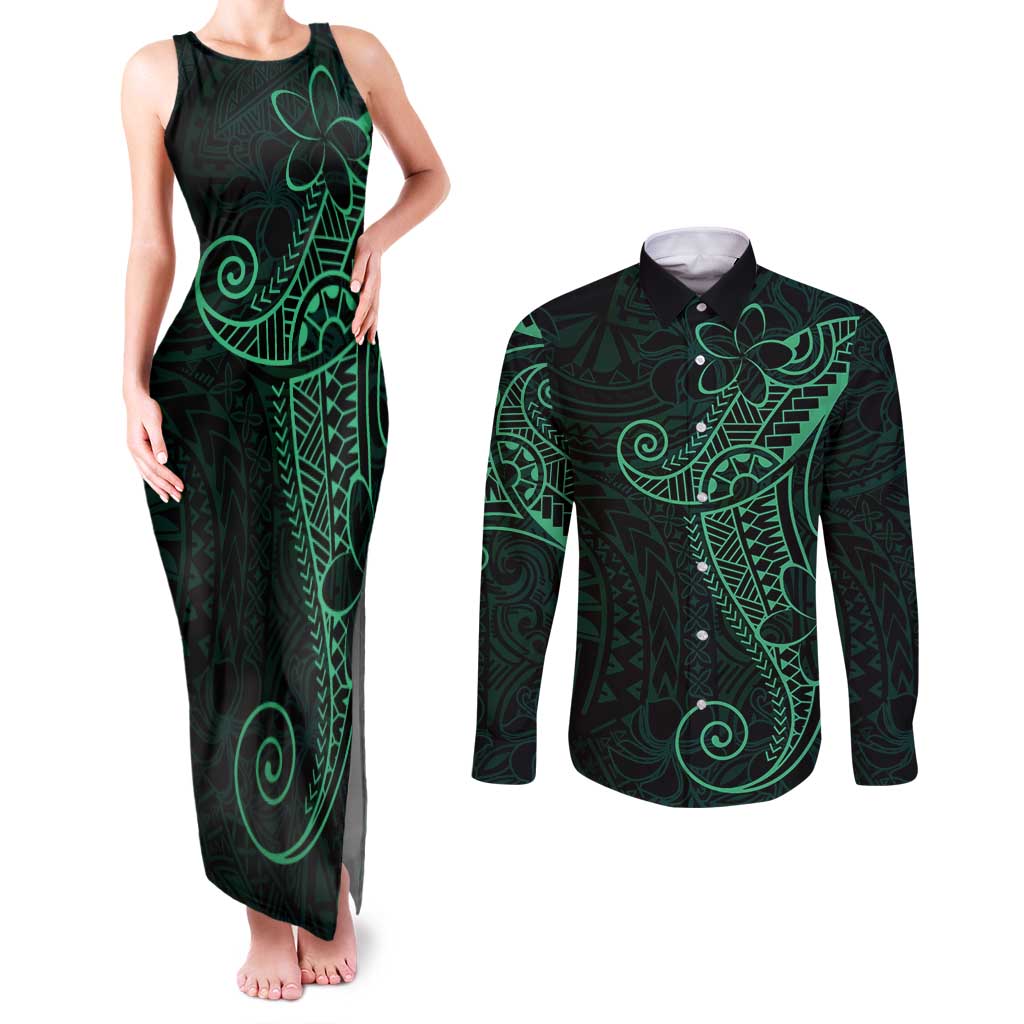 Black Green Polynesian Tribal Couples Matching Tank Maxi Dress and Long Sleeve Button Shirt LT9 Green - Polynesian Pride
