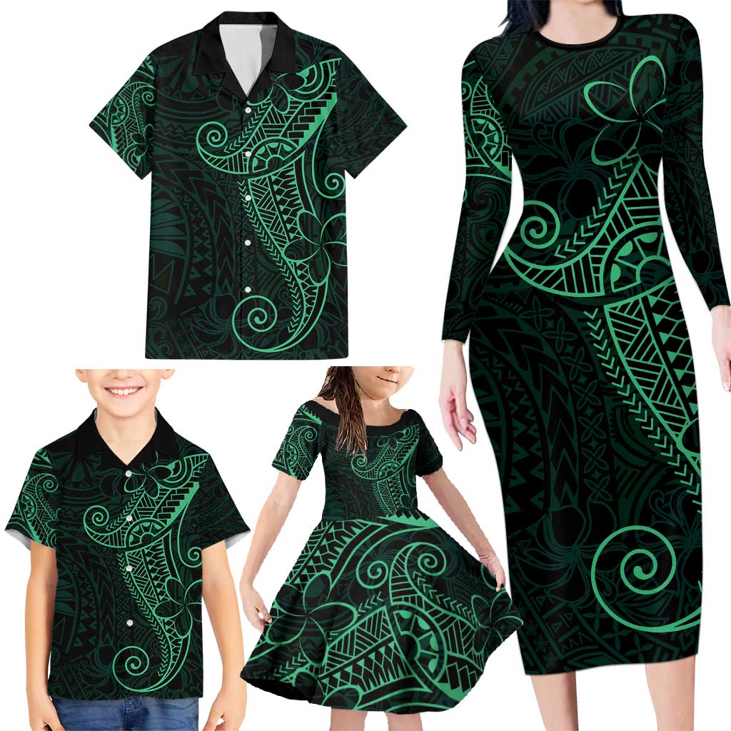 Black Green Polynesian Tribal Family Matching Long Sleeve Bodycon Dress and Hawaiian Shirt LT9 - Polynesian Pride