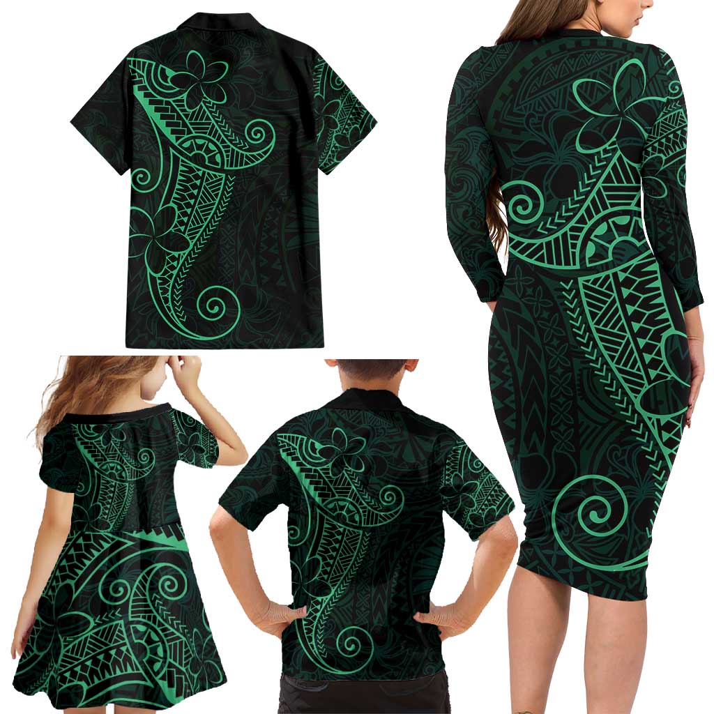 Black Green Polynesian Tribal Family Matching Long Sleeve Bodycon Dress and Hawaiian Shirt LT9 - Polynesian Pride