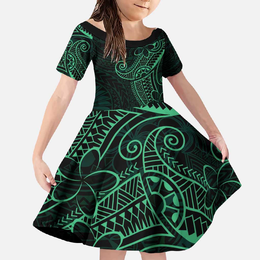 Black Green Polynesian Tribal Family Matching Mermaid Dress and Hawaiian Shirt LT9 Daughter's Dress Green - Polynesian Pride