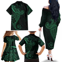 Black Green Polynesian Tribal Family Matching Off The Shoulder Long Sleeve Dress and Hawaiian Shirt LT9 - Polynesian Pride