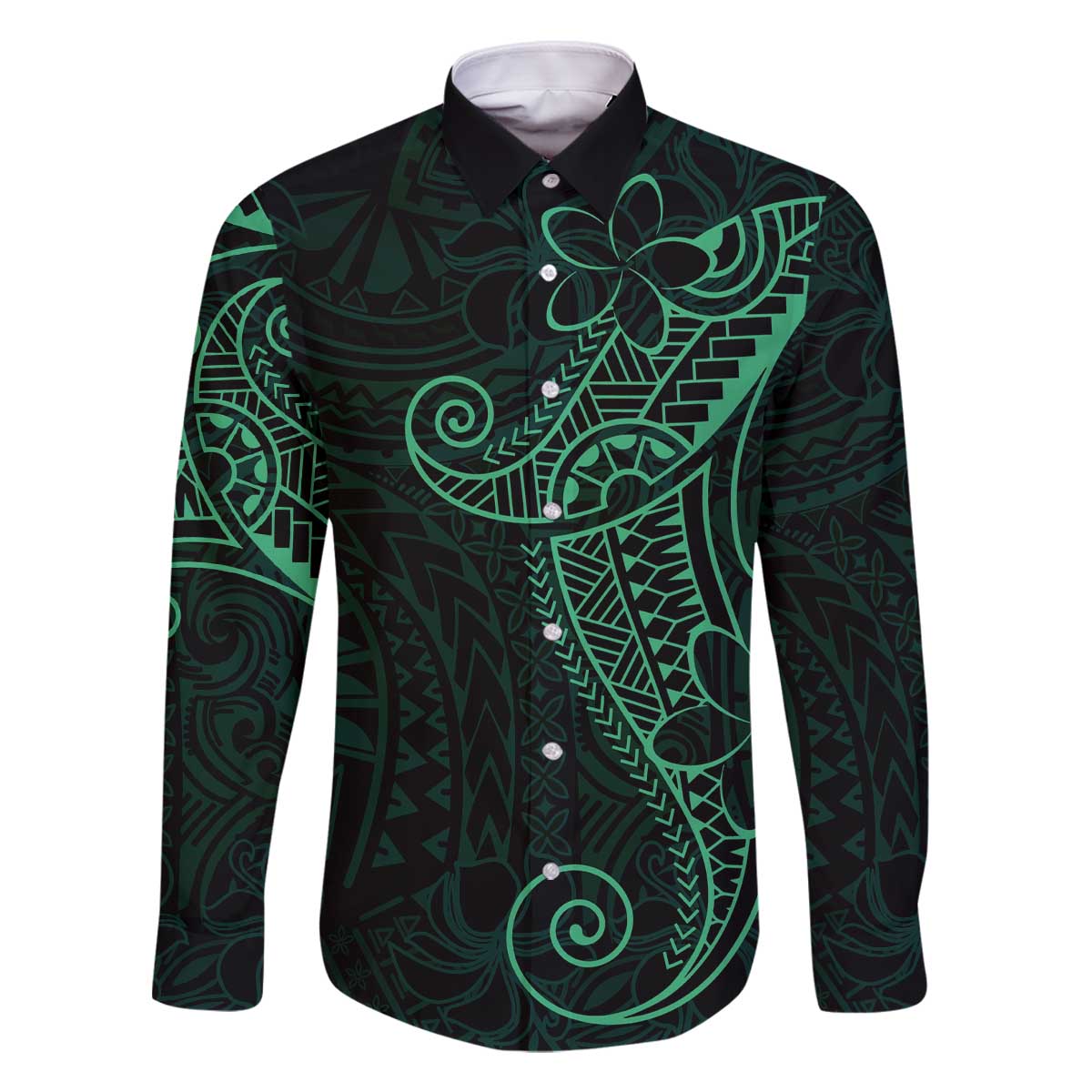 Black Green Polynesian Tribal Family Matching Off The Shoulder Long Sleeve Dress and Hawaiian Shirt LT9 Dad's Shirt - Long Sleeve Green - Polynesian Pride