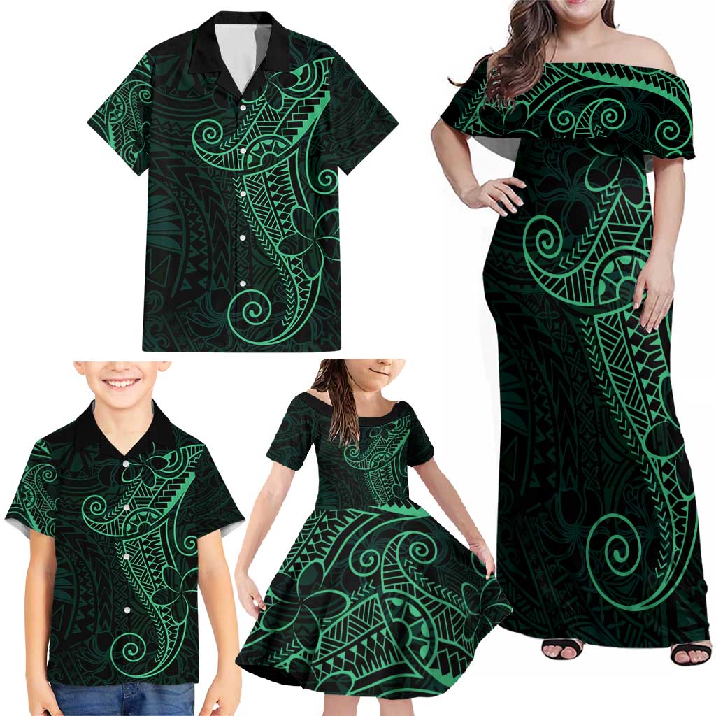 Black Green Polynesian Tribal Family Matching Off Shoulder Maxi Dress and Hawaiian Shirt LT9 - Polynesian Pride