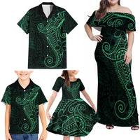 Black Green Polynesian Tribal Family Matching Off Shoulder Maxi Dress and Hawaiian Shirt LT9 - Polynesian Pride