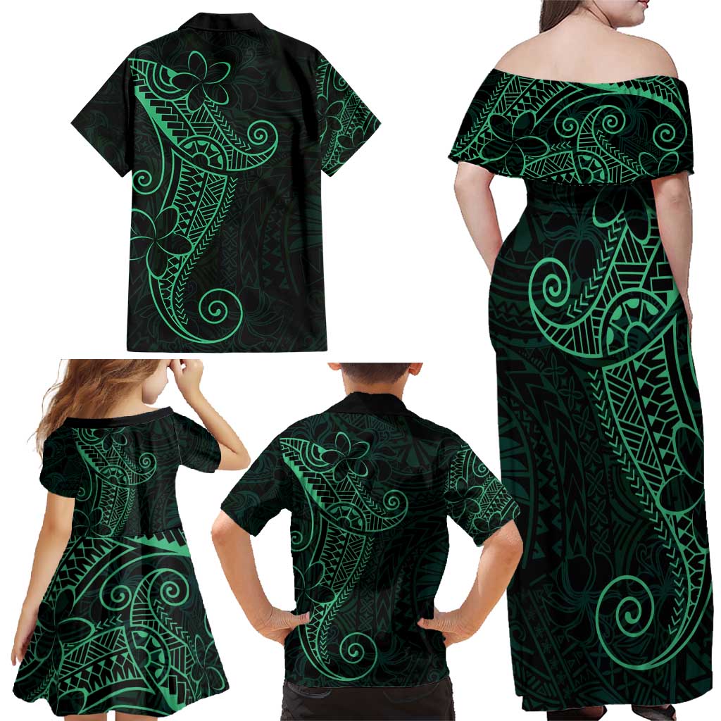 Black Green Polynesian Tribal Family Matching Off Shoulder Maxi Dress and Hawaiian Shirt LT9 - Polynesian Pride