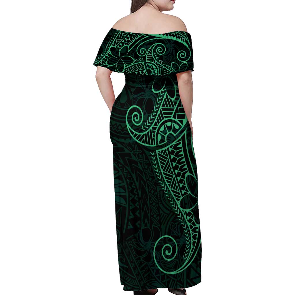 Black Green Polynesian Tribal Family Matching Off Shoulder Maxi Dress and Hawaiian Shirt LT9 - Polynesian Pride