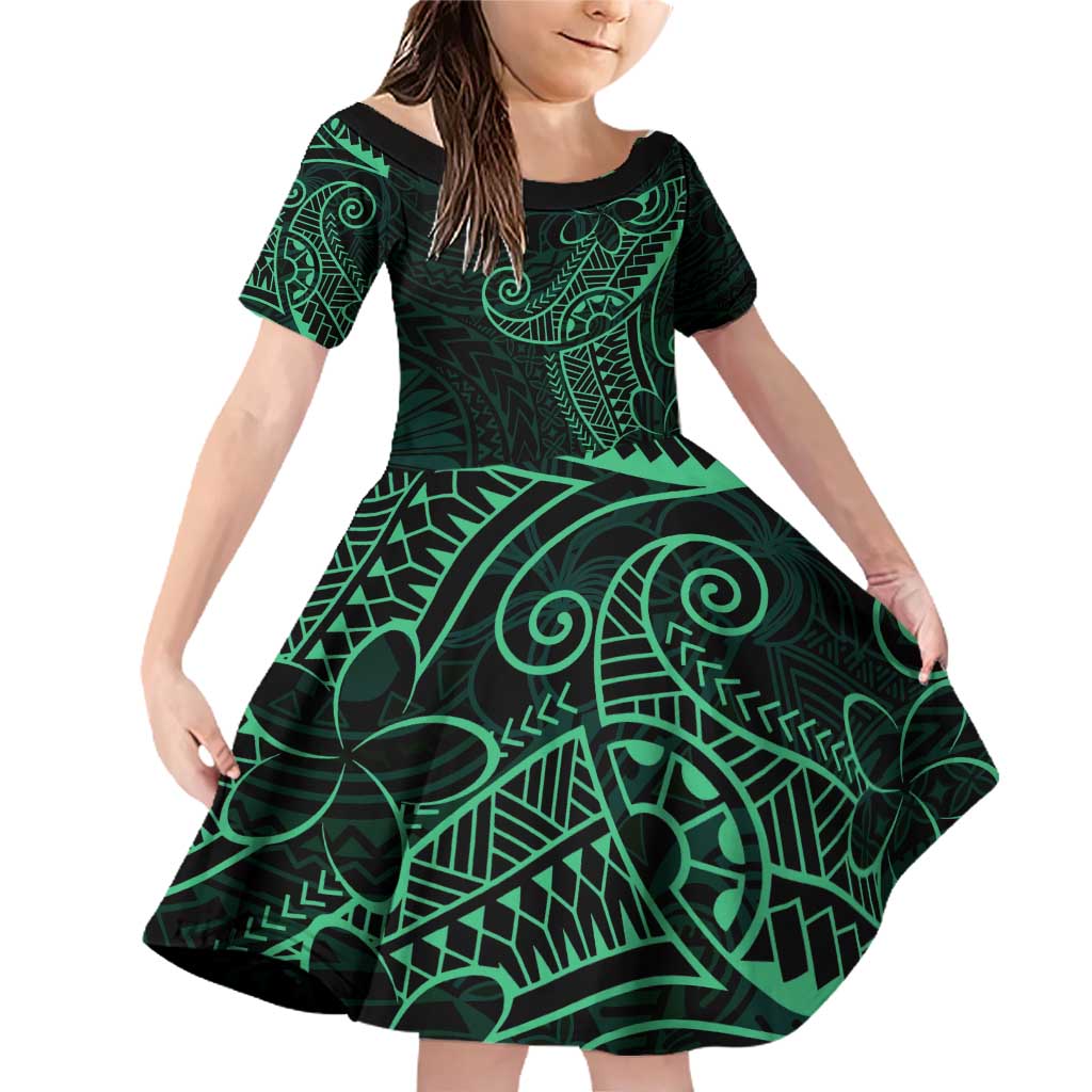 Black Green Polynesian Tribal Family Matching Off Shoulder Short Dress and Hawaiian Shirt LT9 Daughter's Dress Green - Polynesian Pride