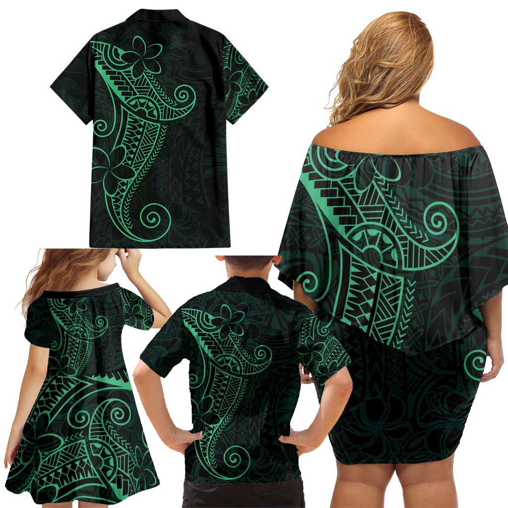 Black Green Polynesian Tribal Family Matching Off Shoulder Short Dress and Hawaiian Shirt LT9 - Polynesian Pride