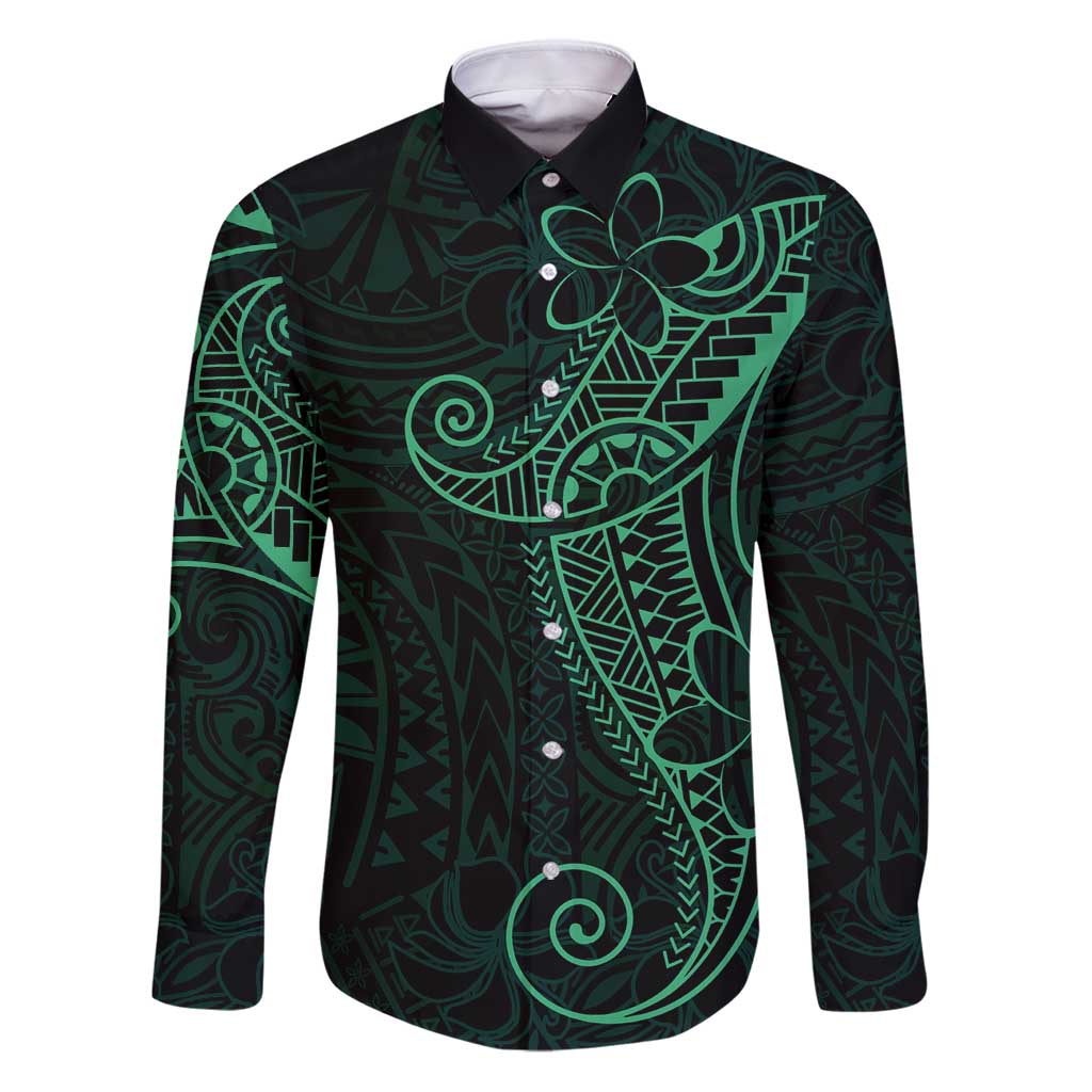 Black Green Polynesian Tribal Family Matching Puletasi and Hawaiian Shirt LT9 Dad's Shirt - Long Sleeve Green - Polynesian Pride
