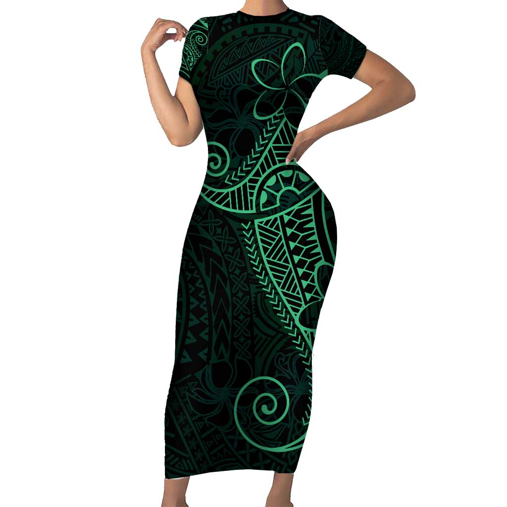 Black Green Polynesian Tribal Family Matching Short Sleeve Bodycon Dress and Hawaiian Shirt LT9 Mom's Dress Green - Polynesian Pride