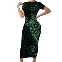 Black Green Polynesian Tribal Family Matching Short Sleeve Bodycon Dress and Hawaiian Shirt LT9 Mom's Dress Green - Polynesian Pride