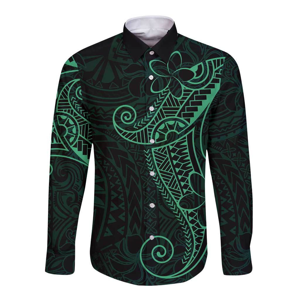 Black Green Polynesian Tribal Long Sleeve Button Shirt - Polynesian Pride