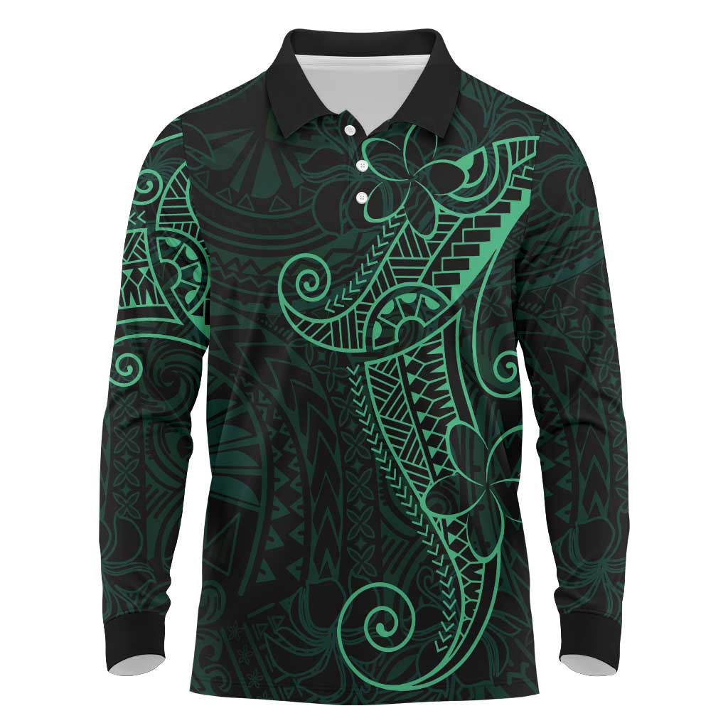 Black Green Polynesian Tribal Long Sleeve Polo Shirt LT9 Green - Polynesian Pride