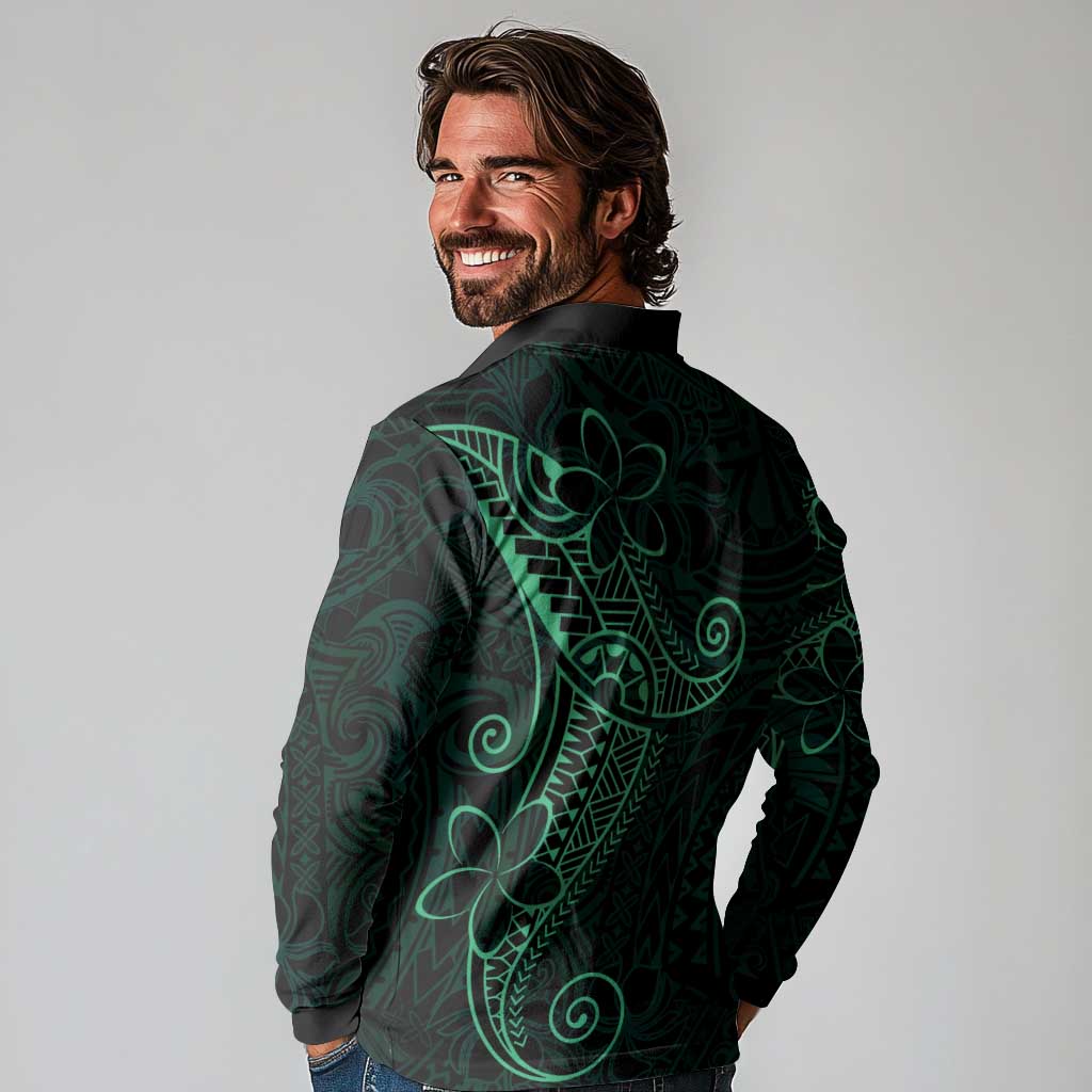 Black Green Polynesian Tribal Long Sleeve Polo Shirt - Polynesian Pride
