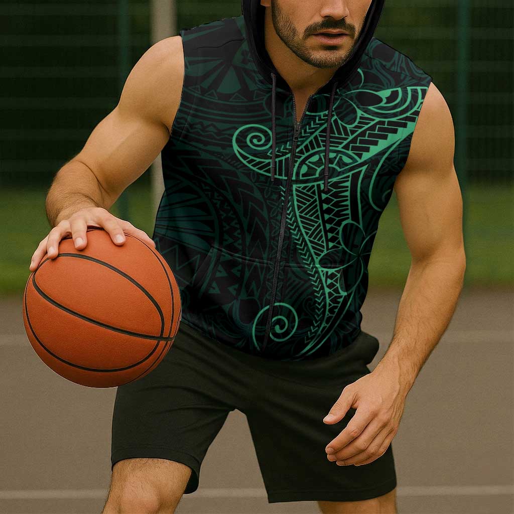 Black Green Polynesian Tribal Sleeveless Zip Hoodie - Polynesian Pride