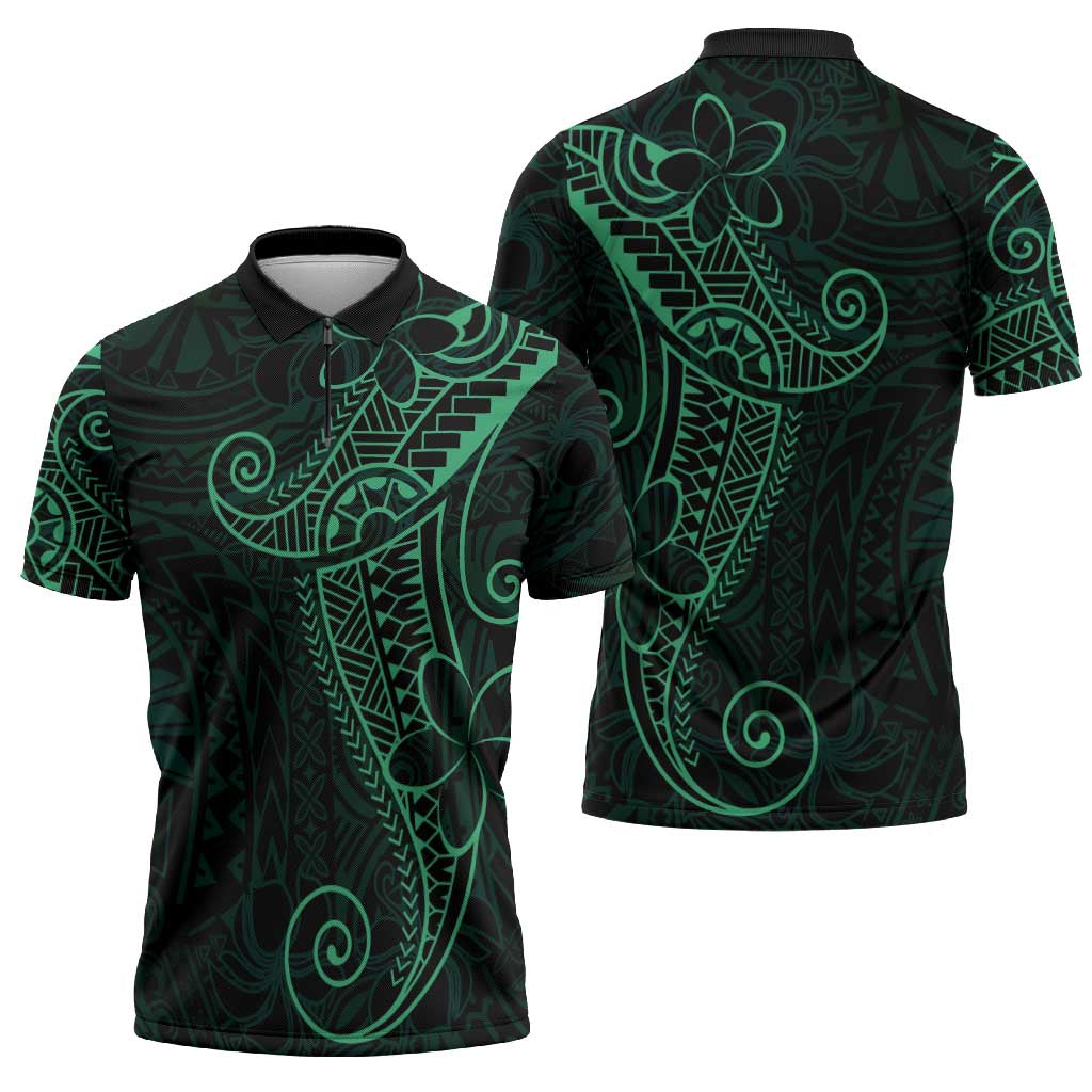 Black Green Polynesian Tribal Zipper Polo Shirt LT9 - Polynesian Pride
