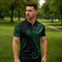 Black Green Polynesian Tribal Zipper Polo Shirt LT9 - Polynesian Pride