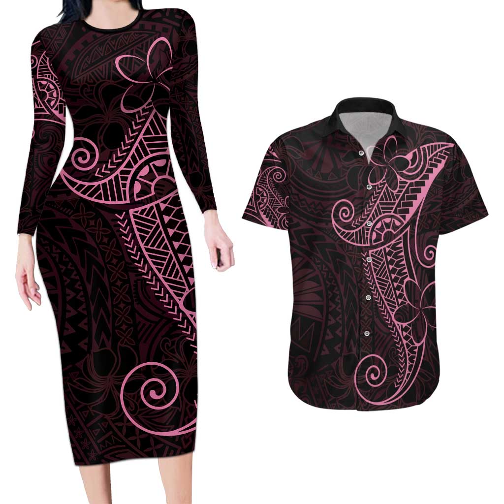 Black Pink Polynesian Tribal Couples Matching Long Sleeve Bodycon Dress and Hawaiian Shirt LT9 Pink - Polynesian Pride