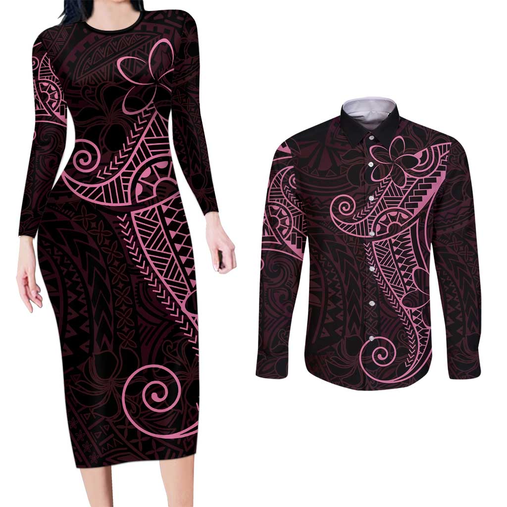 Black Pink Polynesian Tribal Couples Matching Long Sleeve Bodycon Dress and Long Sleeve Button Shirt LT9 Pink - Polynesian Pride