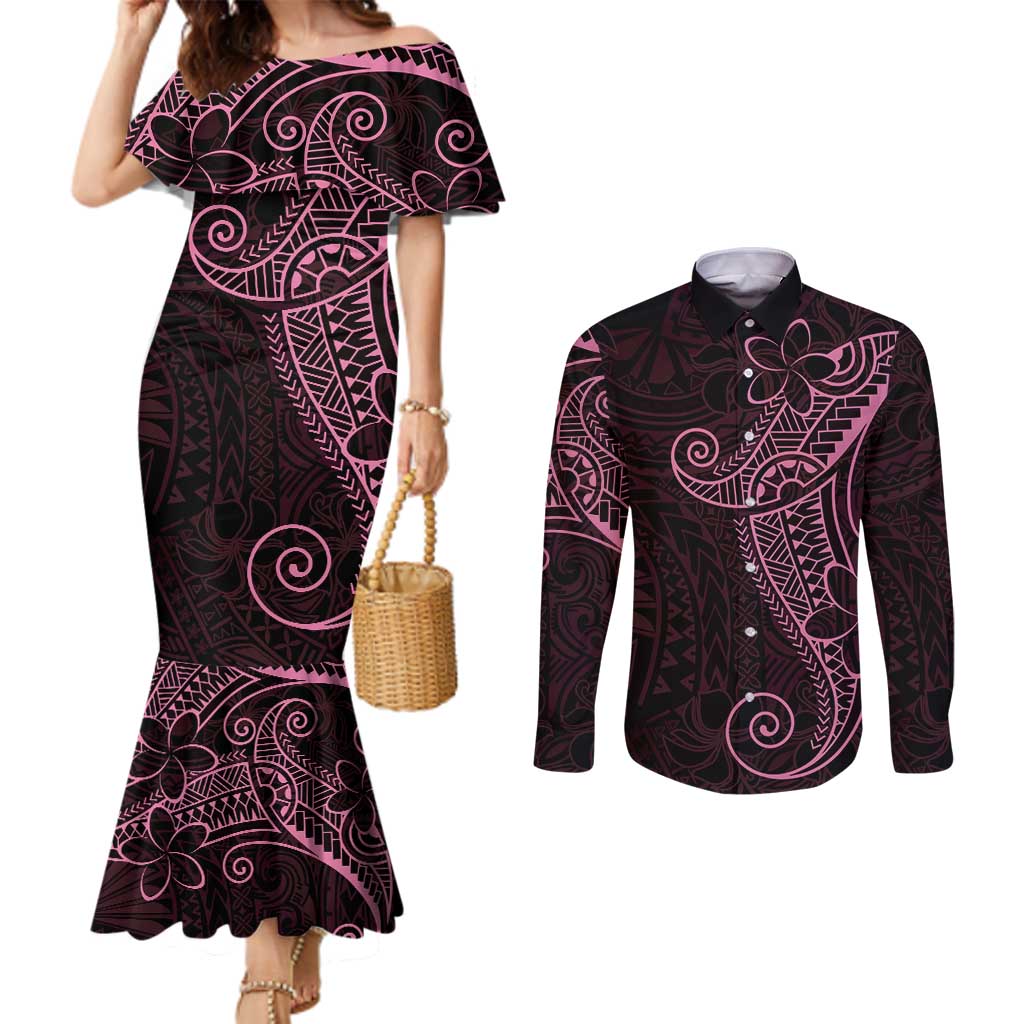 Black Pink Polynesian Tribal Couples Matching Mermaid Dress and Long Sleeve Button Shirt LT9 Pink - Polynesian Pride