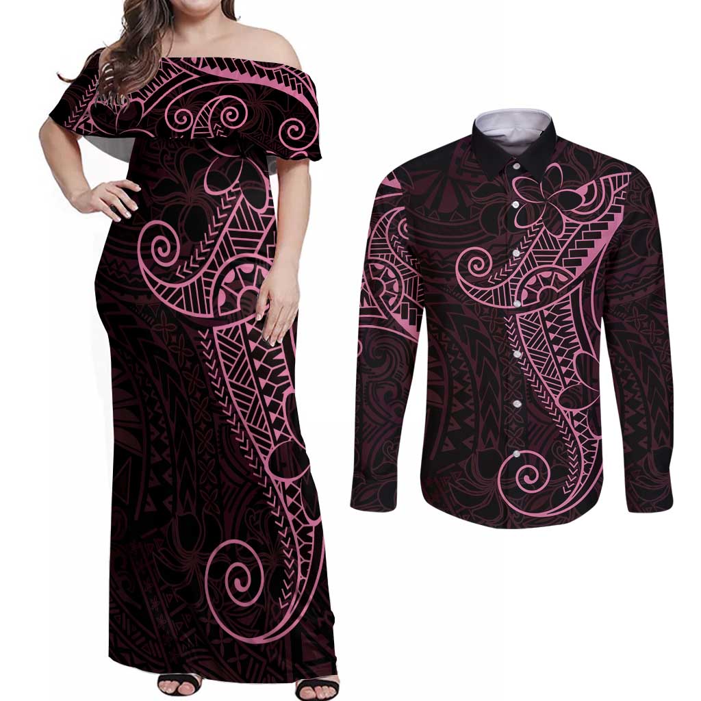Black Pink Polynesian Tribal Couples Matching Off Shoulder Maxi Dress and Long Sleeve Button Shirt LT9 Pink - Polynesian Pride