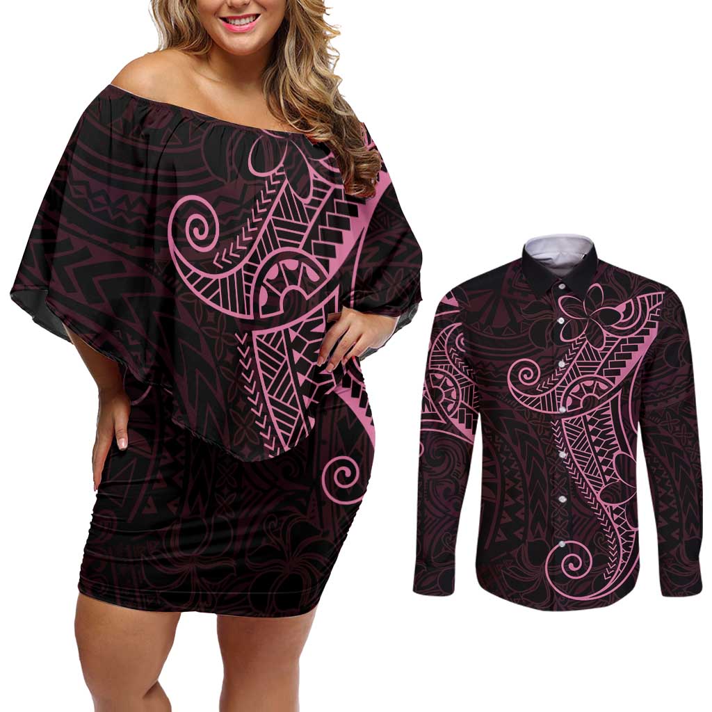 Black Pink Polynesian Tribal Couples Matching Off Shoulder Short Dress and Long Sleeve Button Shirt LT9 Pink - Polynesian Pride