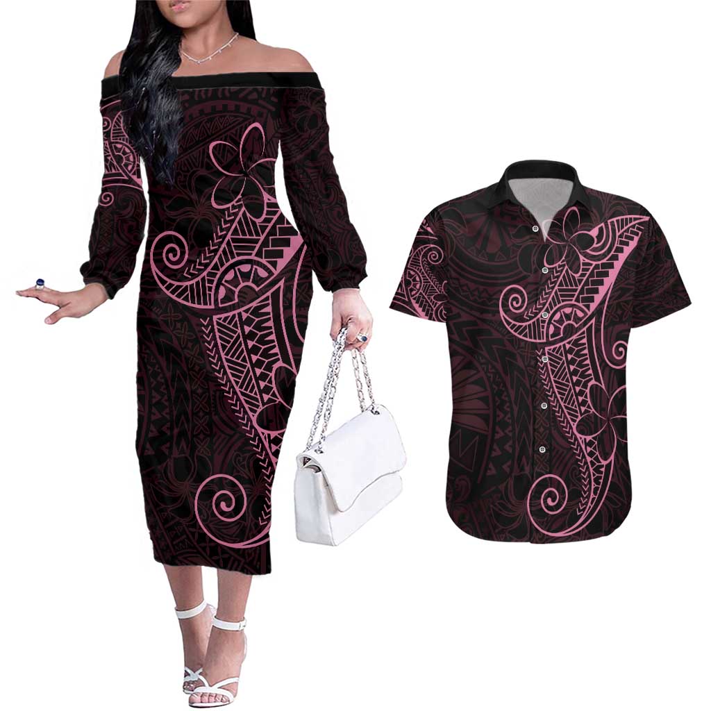 Black Pink Polynesian Tribal Couples Matching Off The Shoulder Long Sleeve Dress and Hawaiian Shirt LT9 Pink - Polynesian Pride