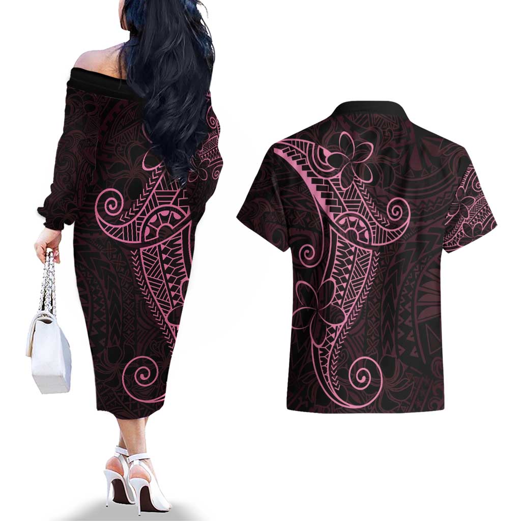 Black Pink Polynesian Tribal Couples Matching Off The Shoulder Long Sleeve Dress and Hawaiian Shirt LT9 - Polynesian Pride