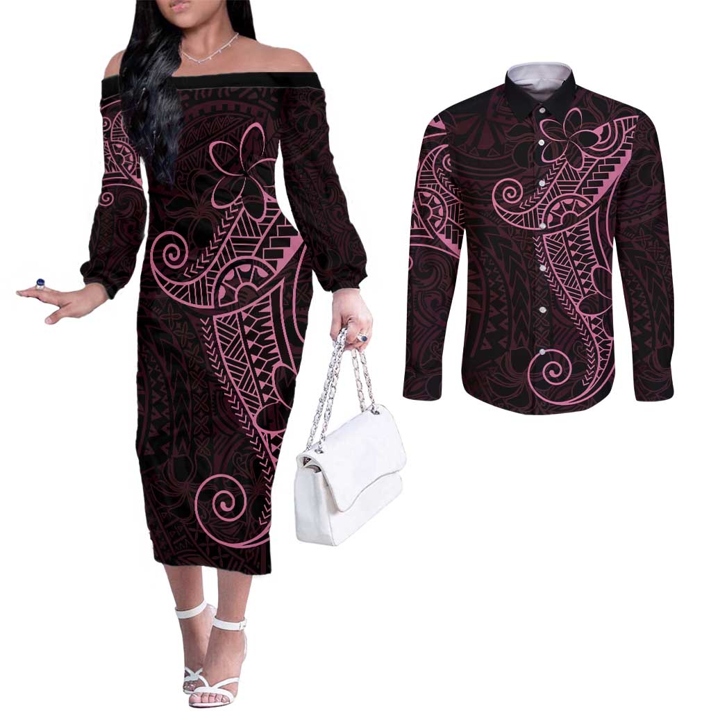 Black Pink Polynesian Tribal Couples Matching Off The Shoulder Long Sleeve Dress and Long Sleeve Button Shirt LT9 Pink - Polynesian Pride