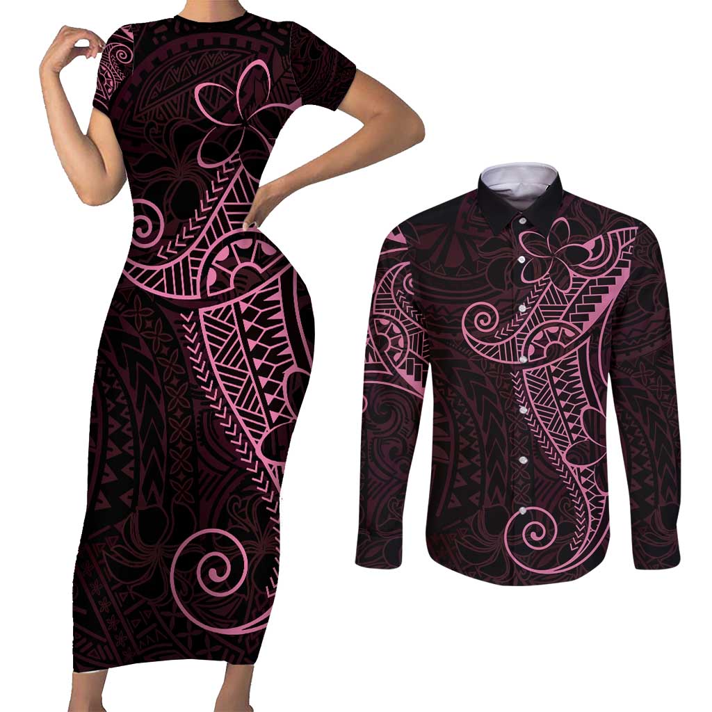 Black Pink Polynesian Tribal Couples Matching Short Sleeve Bodycon Dress and Long Sleeve Button Shirt LT9 Pink - Polynesian Pride
