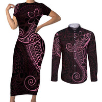 Black Pink Polynesian Tribal Couples Matching Short Sleeve Bodycon Dress and Long Sleeve Button Shirt - Polynesian Pride