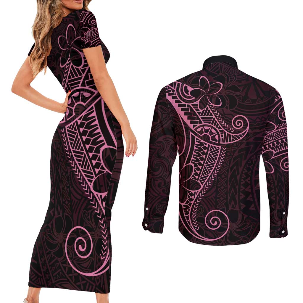 Black Pink Polynesian Tribal Couples Matching Short Sleeve Bodycon Dress and Long Sleeve Button Shirt - Polynesian Pride