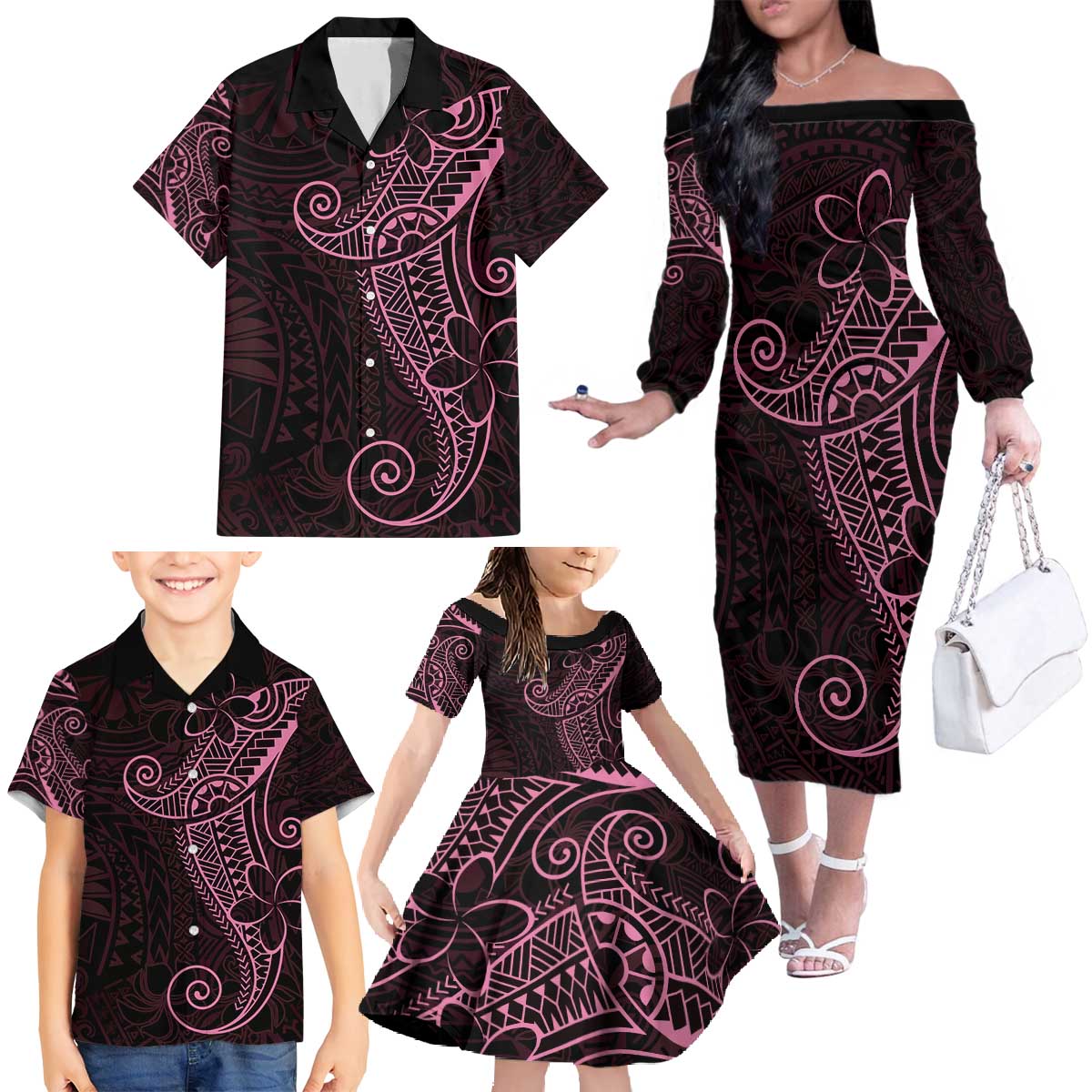Black Pink Polynesian Tribal Family Matching Off The Shoulder Long Sleeve Dress and Hawaiian Shirt LT9 - Polynesian Pride